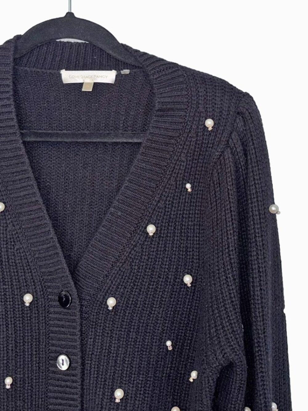 LoveShackFancy Wool & Cashmere Black Frances Pearl Cropped Cardigan - Size XL